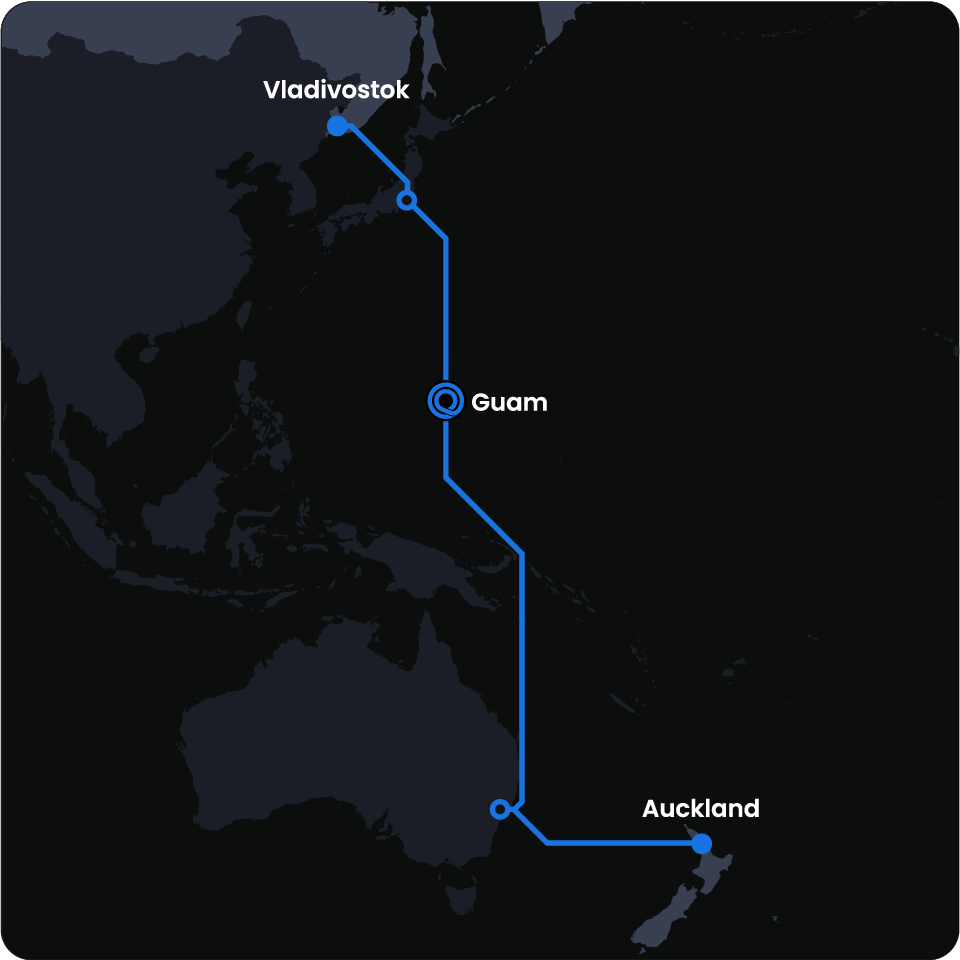 A map showing Auckland, New Zealand and  Vladivostok, Russia connecting to Guam